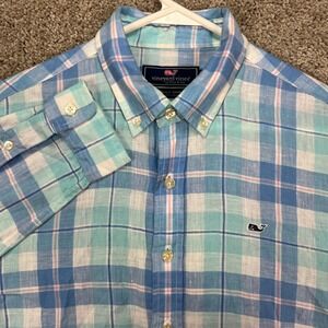Vineyard Vines Shirt Mens XL Blue White Aqua Plaid Button Down 100% Linen EUC